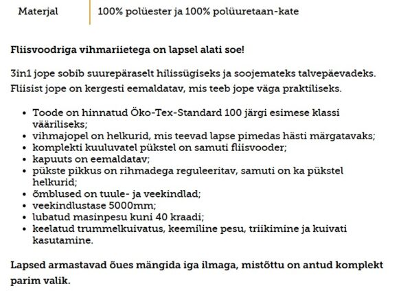3-osaline fliisvoodriga vihmakomplekt (eemaldatava fliisiga jopel) nr 92 - Image 5